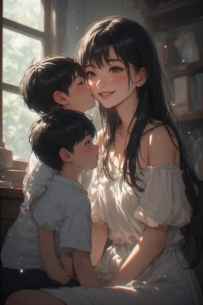 母の優しいキスと午後の光