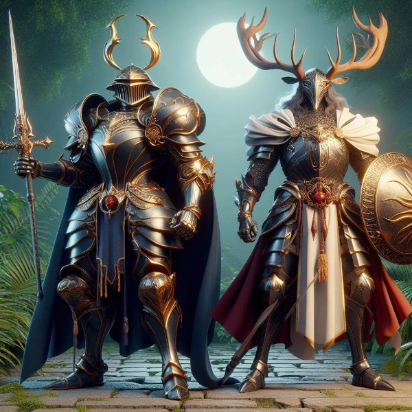 クワガタの甲冑を着たナイトと、トナカイのナイト