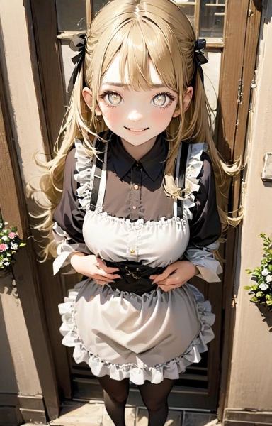 玄関で出迎える金色の髪の少女