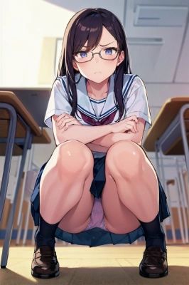 眼鏡っ娘しゃがみパンチラ1人