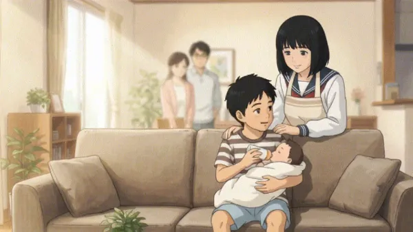 子守をする弟を見守る姉　GIF