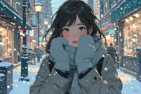 雪降る街角の温かな待ち時間