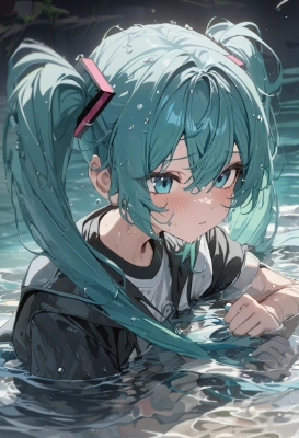 水遊びをするミクちゃん