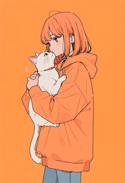 オレンジの少女と白猫の優しいキス