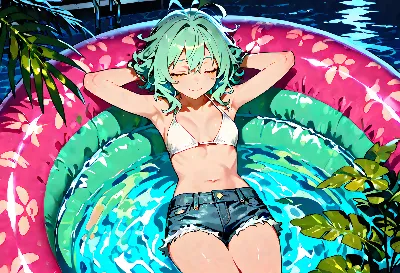 夏の夜、プールで微笑む緑の妖精