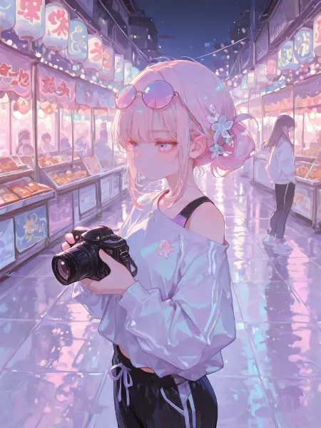 夜の屋台街でシャッターを切る少女