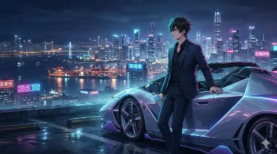 夜の街に佇む男とスーパーカー