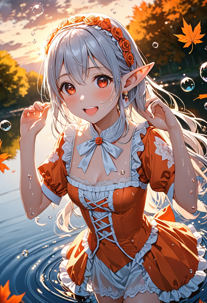 秋の湖畔で輝くエルフの泡遊び