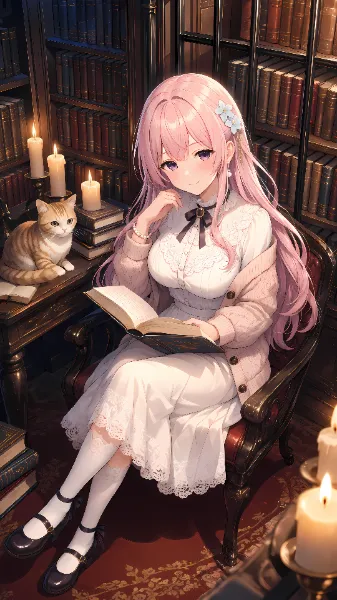 本に囲まれたろうそくの部屋