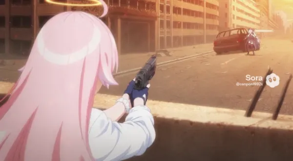 ピストルで撃ち合いするホシノとヒナ(Sora2)