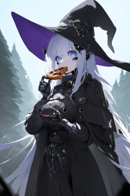 お菓子を食べるサイボーグ魔女