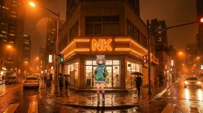 夜のネオン街と猫耳少女