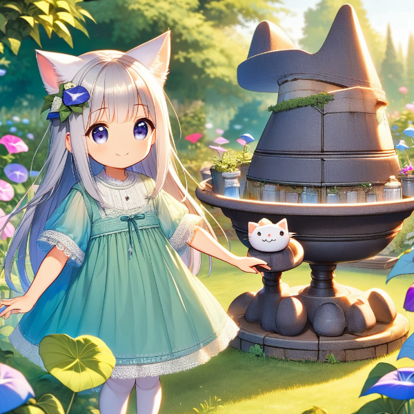 朝顔とトピアリーの前で