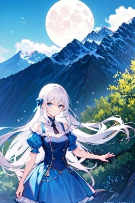 blue eyes white girl, mountain, moon,