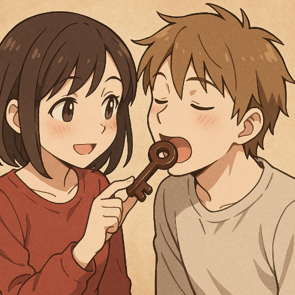 チョコレートの鍵を口に入れさせる人