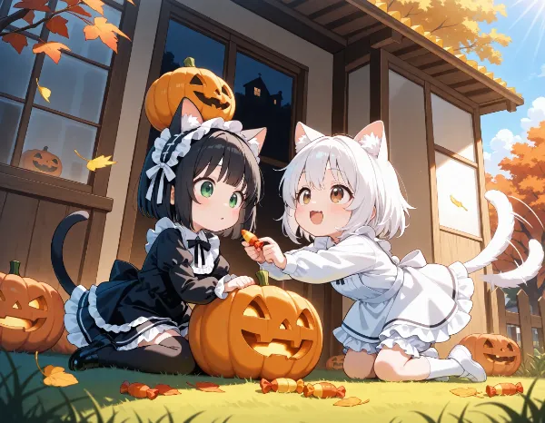 白猫と黒猫・お庭に何かある