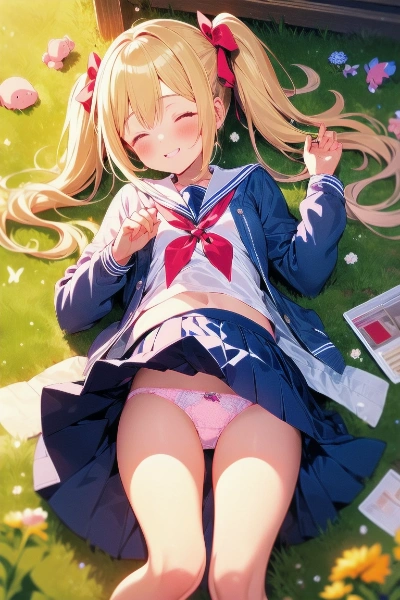金髪ちゃん草原で寝転がり