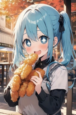 盛りだくさんの天ぷらを食べる青