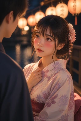 見詰められ 儚（はかな）い浴衣 恥じらって あなたに向けた 紅（くれない）の頬