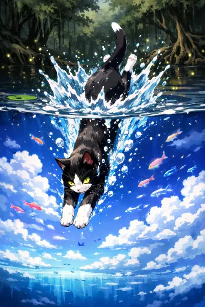 黒猫の好奇心が導く水中世界