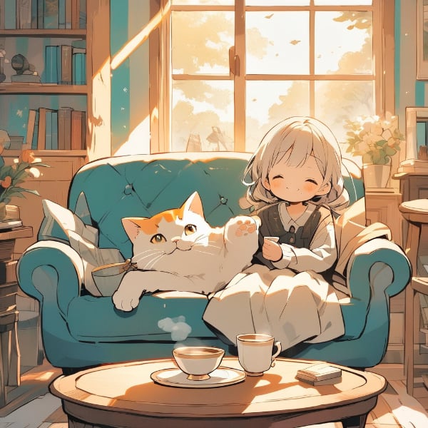 ターコイズ色のソファーベッドと午後のティータイム