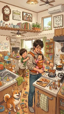 パパの背中で笑う家族のキッチン