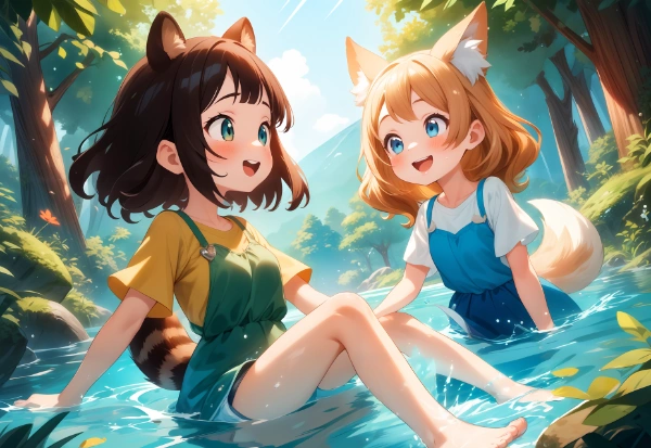 コン子とポン子・水遊び