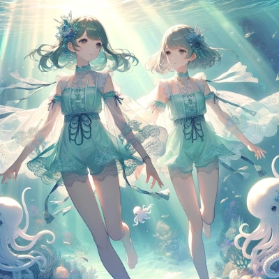 （DALL-E3）深海姉妹の海中散歩と、白いタコ