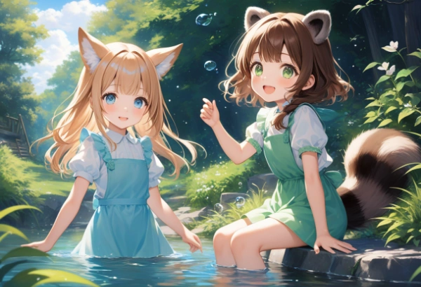 コン子とポン子・水遊び