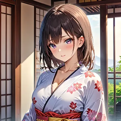 光差す和室の桜浴衣少女