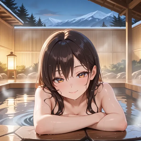 雪山温泉で微笑む少女