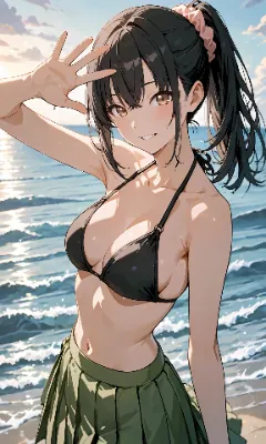 黒髪ポニーテール　黒ビキニ