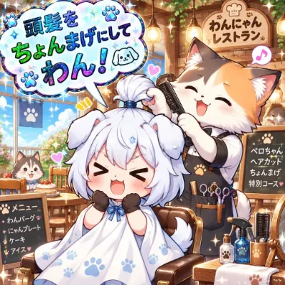 ペロちゃん、頭髪をちょんまげにする。