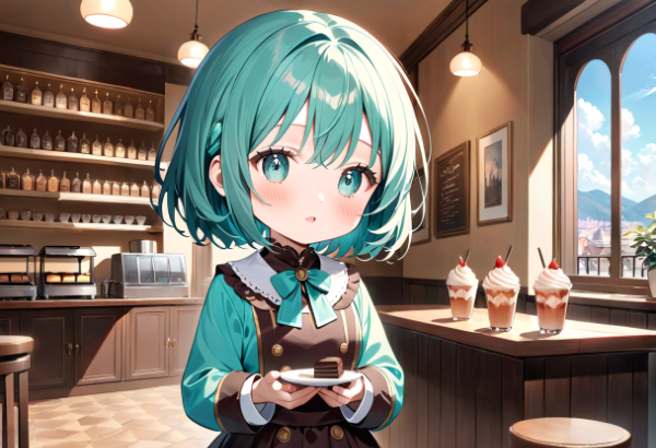 チョコミントカラーの少女店員