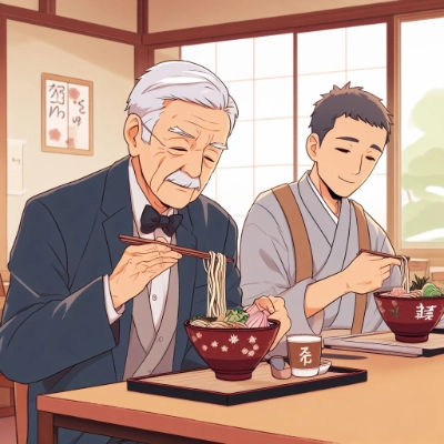 蕎麦屋の主人と蕎麦を食する