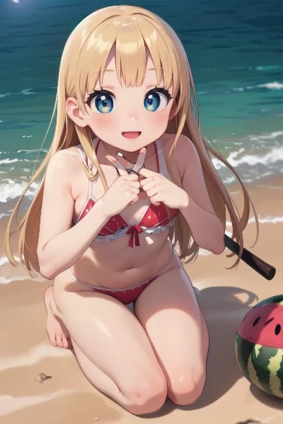 ビーチで佇む金色の髪の少女