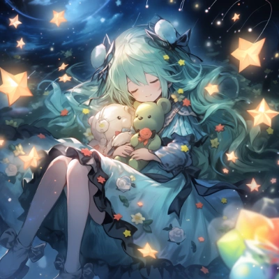 星降る夜にぬいぐるみを抱きしめる少女