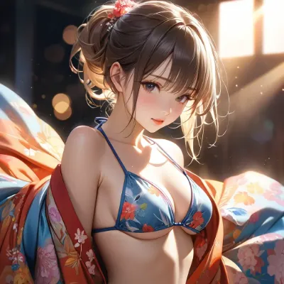 陽光に輝く浴衣の美少女