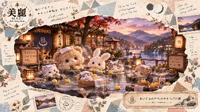 ぬいぐるみたちと秋の優しい温泉