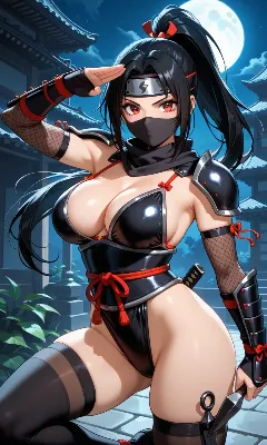 月下に佇む黒髪女忍者
