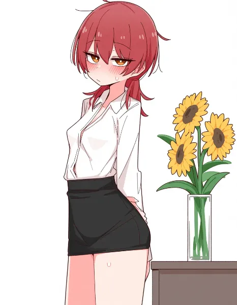 ひまわりの前で照れを隠す彼女