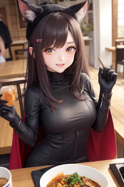 cute cat girl is eating a curry!