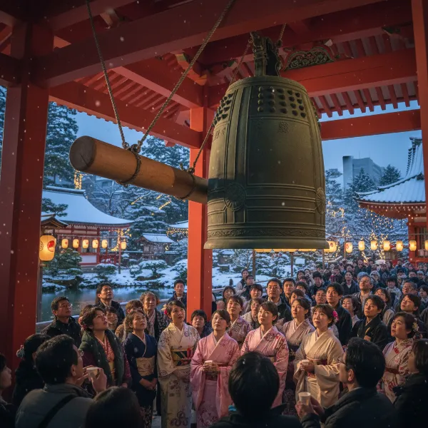 雪舞う寺院で響く願いの鐘