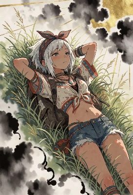 草原でくつろぐ白髪の冒険少女