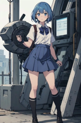 機械を扱う青髪の女子