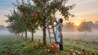 朝霧に包まれた果樹園での林檎摘み