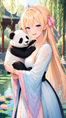 蓮池のほとりでパンダの赤ちゃんを抱っこ