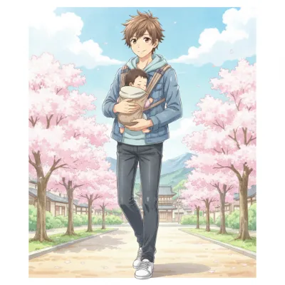 桜舞う道を父子で 春の散歩