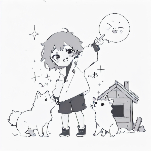 女の子と子犬と犬小屋