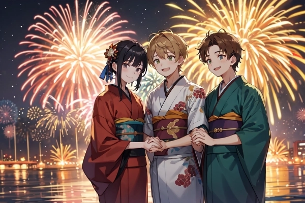 来年またみんなで花火見に行こう！！（男性グループ版）20枚（レトロモダン街シリーズ・その15）